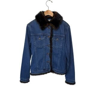 ANN TRINITY Brown Faux Fur Linen Blend Denim Jacket Size XS
